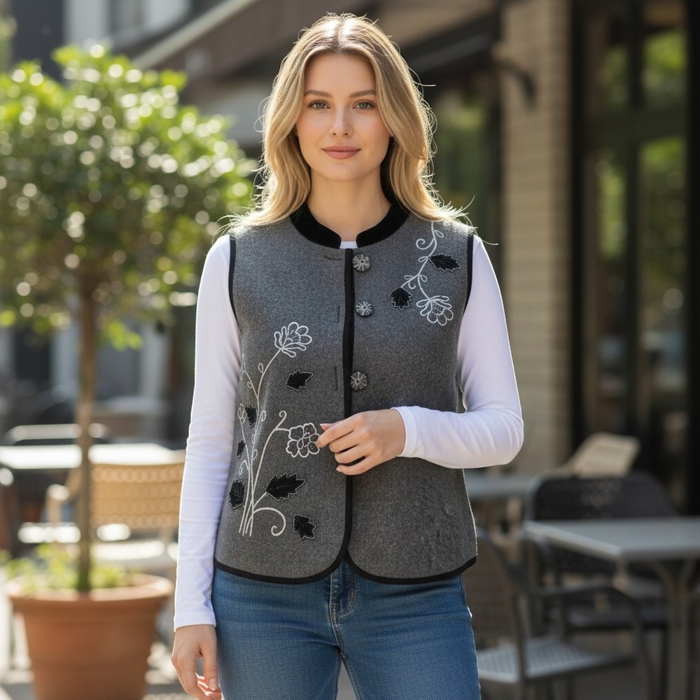 Cedar Canyon Vest Women Size L Gray Wool Blend Embellished Velvet Trim